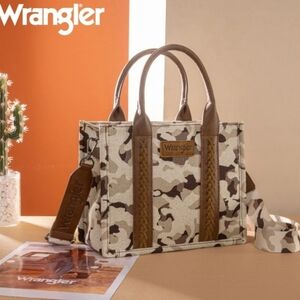 Wrangler Beige Camouflage Crossbody Tote with Brown Trim and Braided Accents